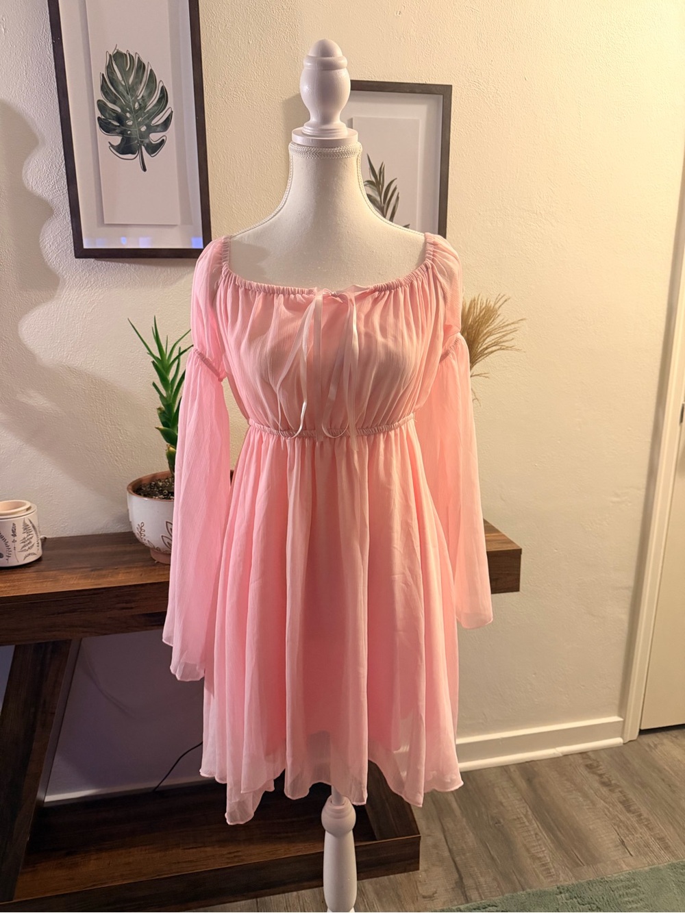 Pink Off Shoulder Mini Dress Bell Sleeve Coquette Fairy Romantic Size L
